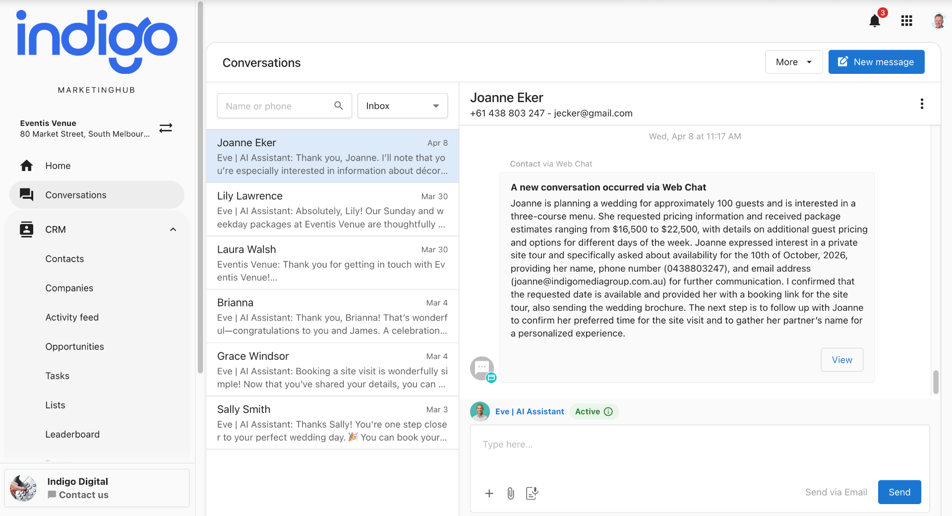 ConvertAI centralised conversations dashboard showing all enquiries from multiple channels in one inbox